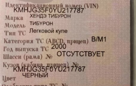 Hyundai Tiburon, 2000 год, 350 000 рублей, 12 фотография